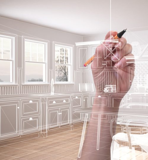 Empty white interior with parquet floor and three panoramic windows, hand drawing custom architecture design, white ink sketch, blueprint showing classic kitchen