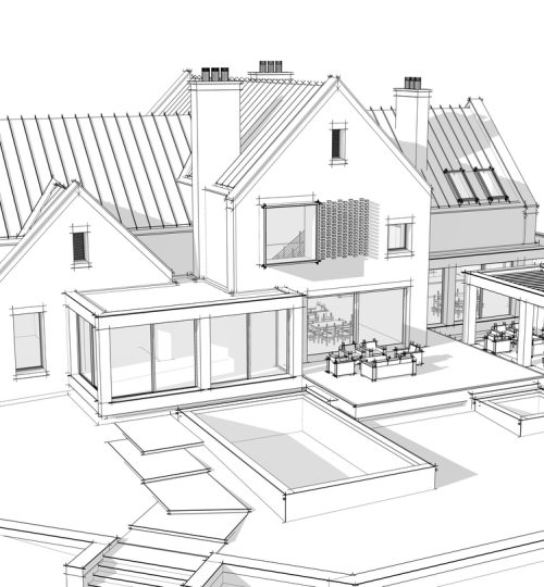 3d rendering of modern clinker house on the ponds with pool black line on white background