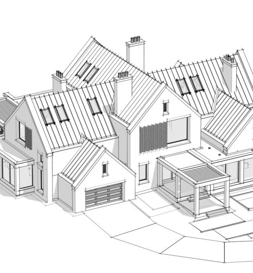 3d rendering of modern clinker house on the ponds with pool black line on white background