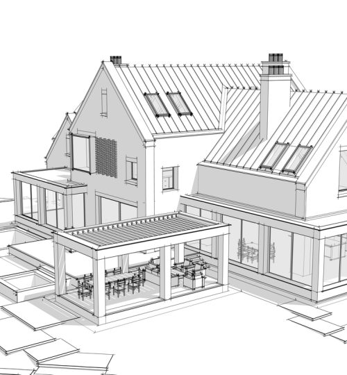 3d rendering of modern clinker house on the ponds with pool black line on white background