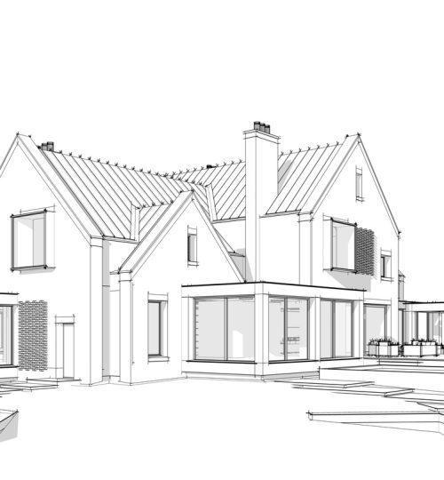 3d rendering of modern clinker house on the ponds with pool black line on white background