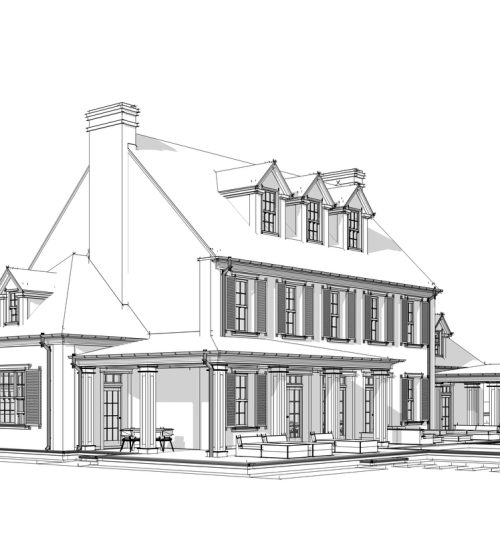 3d rendering of modern classic house in colonial style black line on white background