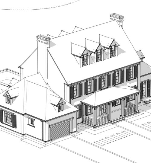 3d rendering of modern cozy classic house in colonial style with garage and pool for sale or rent with beautiful landscaping on background. Black line sketch with soft light shadows on white background.