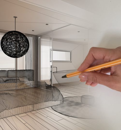 Architect interior designer concept: hand drawing a design interior project sketch while the space becomes real, modern luxury bedroom with bathroom, architecture interior design idea
