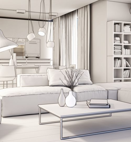 Large luxury modern bright interiors Living room mockup illustration 3D rendering image