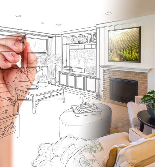 Hand Drawing Custom Living Room Design With Gradation Revealing Photograph.