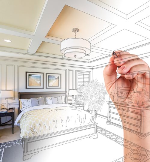 Hand Drawing Custom Master Bedroom Design With Gradation Revealing Photograph.