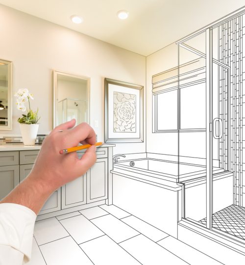 Hand Drawing Custom Master Bathroom with Cross Section of Finished Photograph.