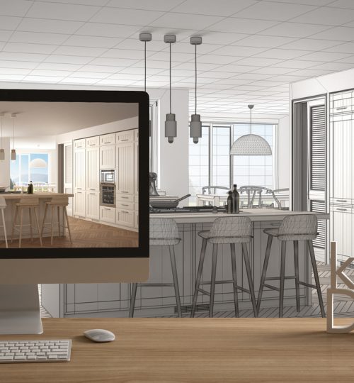 Architect designer project concept, wooden table with house keys, 3D letters words kitchen design and desktop showing draft, blueprint CAD sketch in the background, white interior design